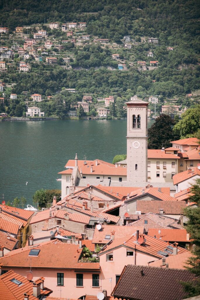Bell tower of the church of the town of Argegno on Lake Como