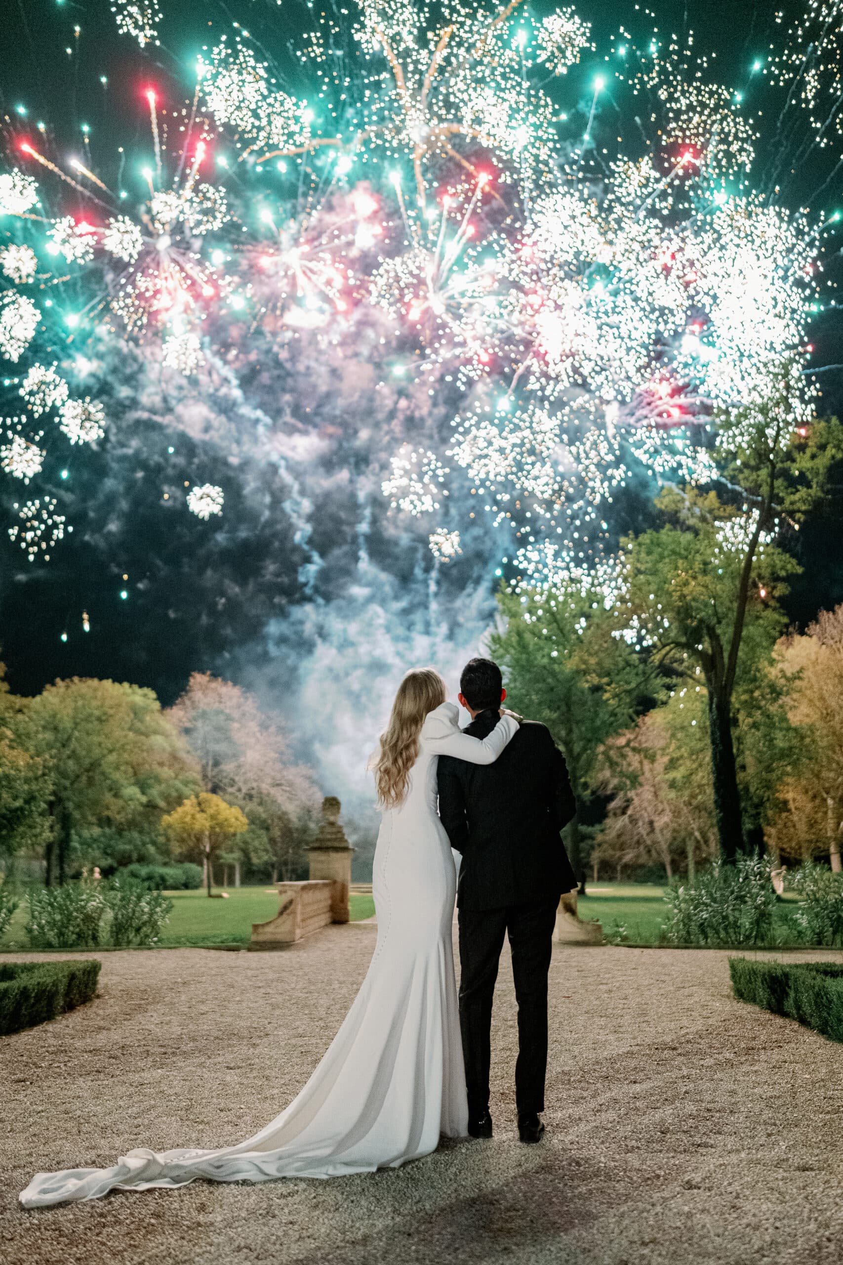 married couple facing fireworks