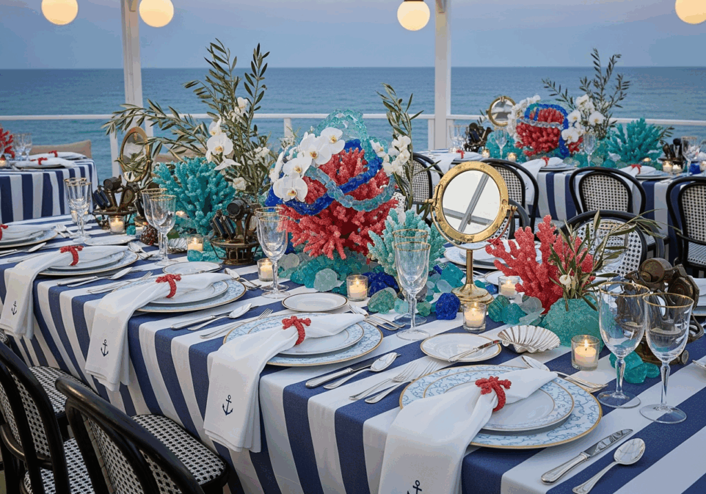 very delicate and detailed tablescape for a coastal 1940's wedding in French Riviera by Muriel Saldalamacchia founder of The International Wedding Planner Studio