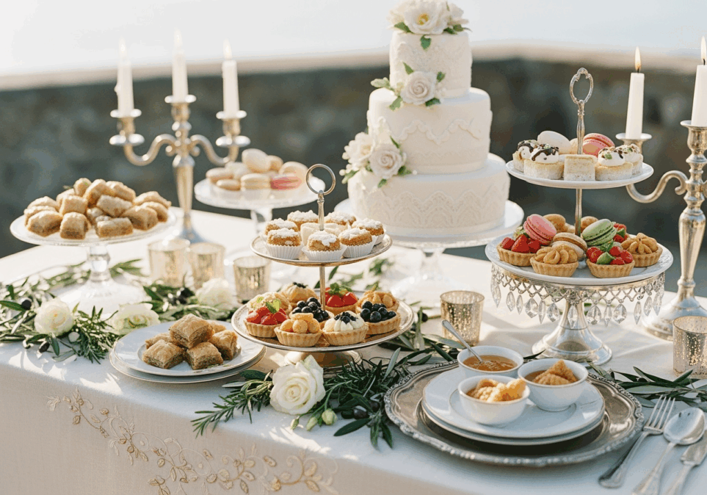 A dessert table in the coastal wedding vibes to follow 2026 wedding trends for your wedding in French Riviera with Muriel Saldalamacchia, head of The International Wedding Planner Studio