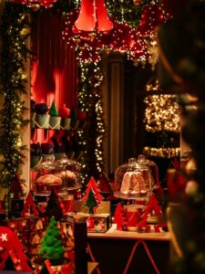 Luxury Christmas venue in South of France, Monaco, and Lake Como decorated with festive lights and elegant holiday décor