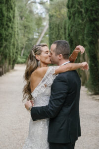 Couple exchanging vows during golden hour at a Provence chateau
