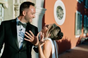 Krista and Mark smiling after their Provence elopement ceremony, luxury wedding joy