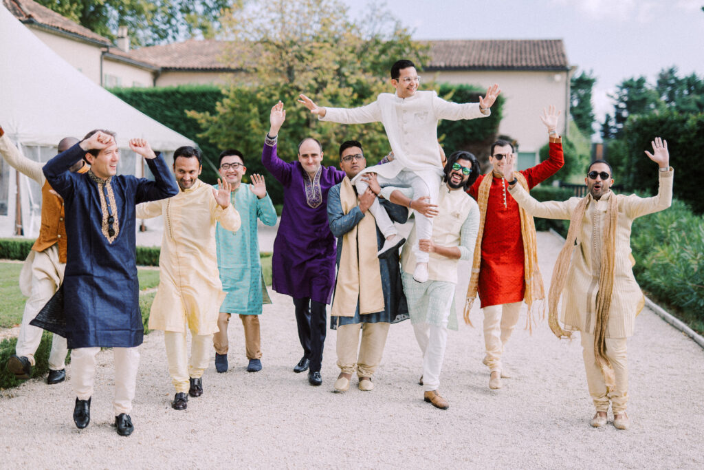 Indian groom’s baraat entrance at a luxury French château, South of France wedding