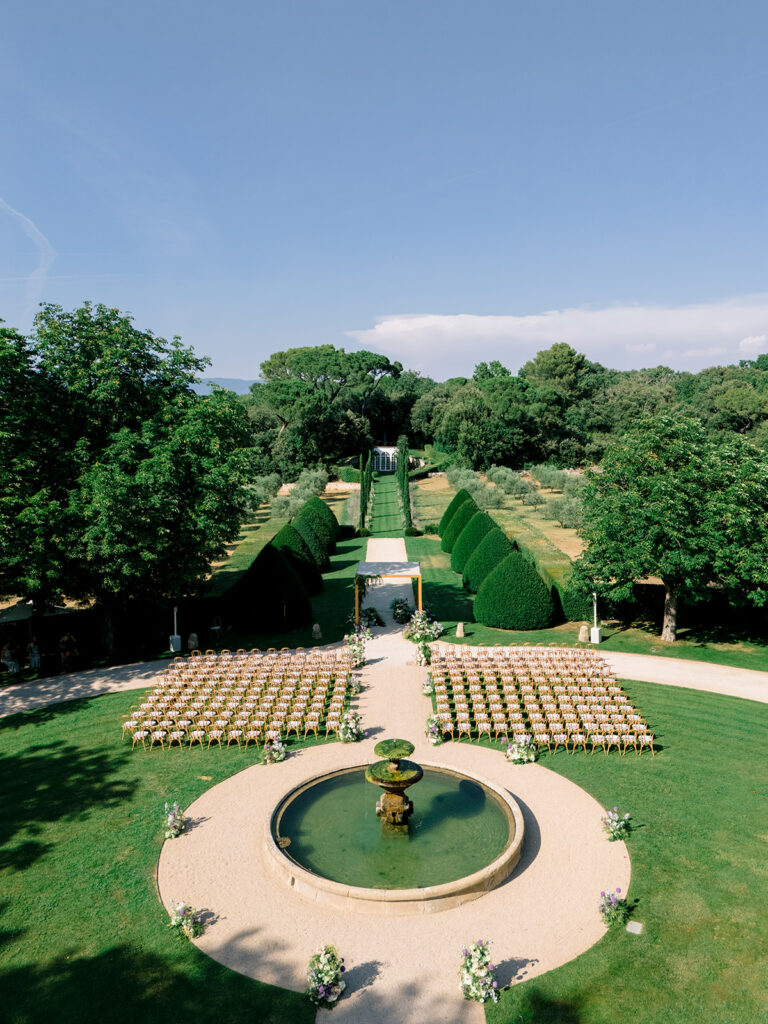 The ceremony set up for 250 guests during this 3 day wedding celebration in Provence