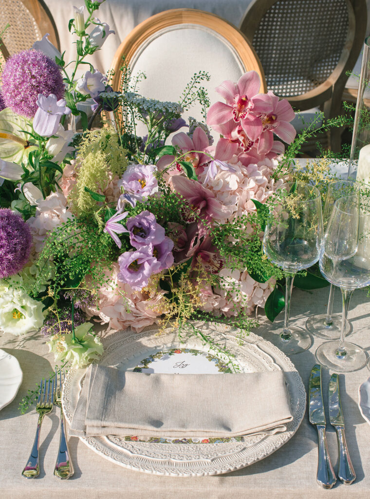Romantic tablescape created for this iconic 3 day wedding celebration in Provence