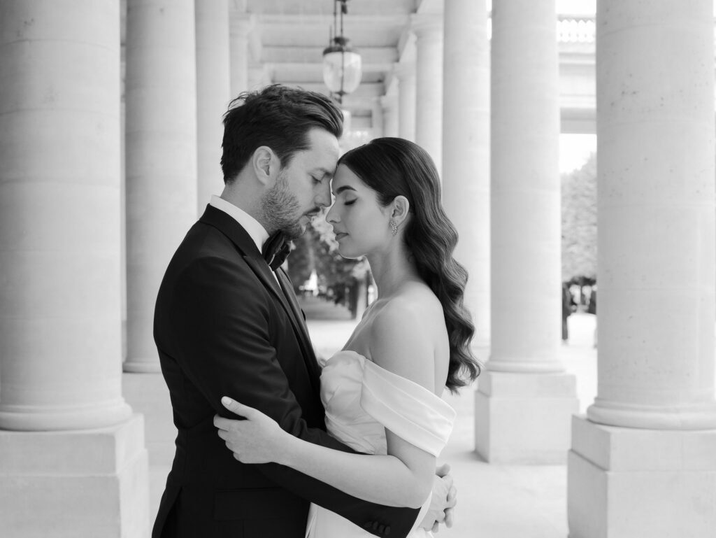 Intimate Paris elopement ceremony with architecture scenery
